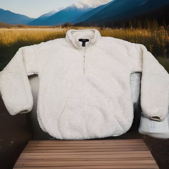 ✅Forever 21 Sherpa Pullover Sweatshirt 1/4 Zip W/Front Pocket Ivory Womens Sz M - Picture 1 of 8